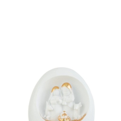 Presépio cerâmico branco com detalhes dourados representando Maria, José e menino Jesus