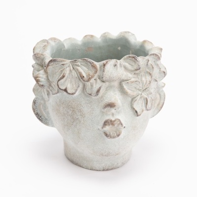 Vaso de cerâmica formato cabeça decorativo com folhas em relevo