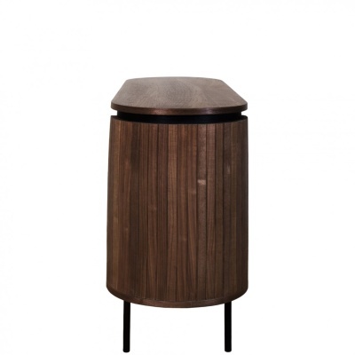 Lixeira cilíndrica de madeira escura com tampa e pés metálicos
