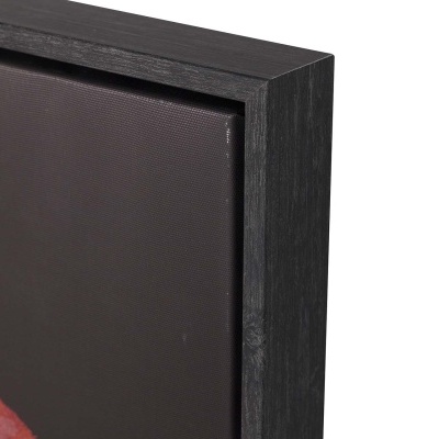 Moldura preta de madeira com tela castanha e vermelho visível