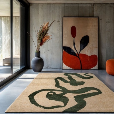 Tapete bege com padrão abstrato verde, vaso com plantas secas e quadro abstrato com tons vermelhos e pretos