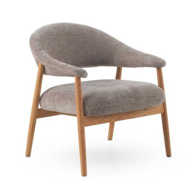 Cadeira de madeira clara com estofado cinza e design moderno