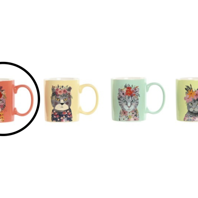 Quatro canecas coloridas com ilustrações de animais e flores