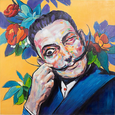 Pintura de homem com bigode curvado e flores de fundo
