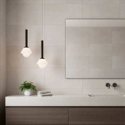 Casa de banho moderna com móvel em madeira e luzes pendentes