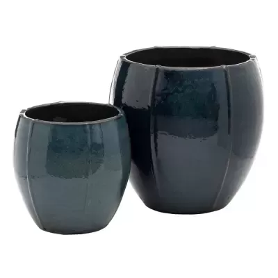 Conjunto de dois vasos de cerâmica azul escuro brilhantes