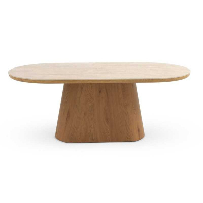 Mesa de madeira clara com tampo oval e base trapezoidal