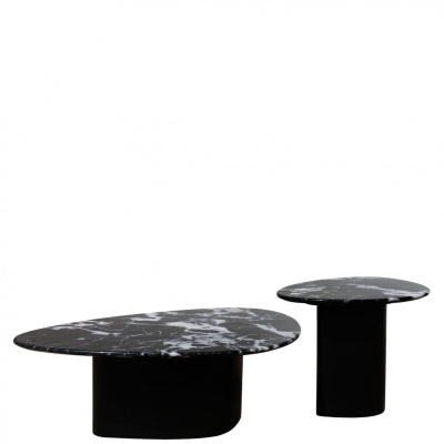 Conjunto de duas mesas de centro em mármore preto com bases cilíndricas pretas