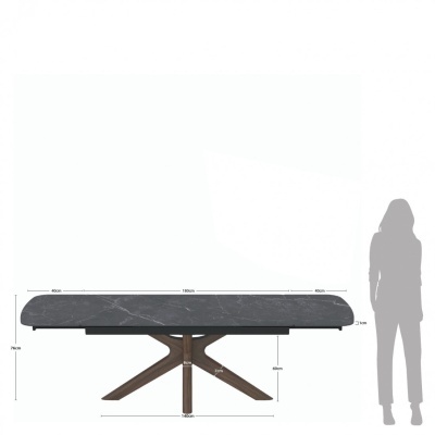 Mesa retangular cinza escuro com base em madeira castanha e dimensões visíveis.