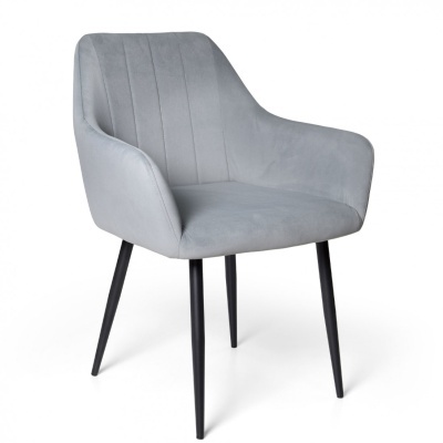 Cadeira cinza estofada com pernas pretas