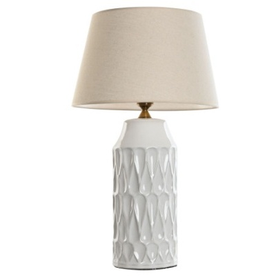 Candeeiro de mesa com base branca texturada e cúpula bege
