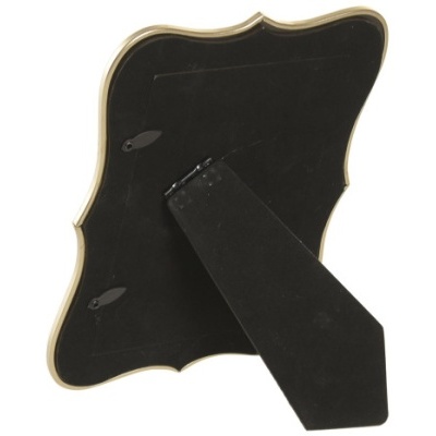 Moldura de fotografia preta e bege vista pelo verso com suporte para mesa