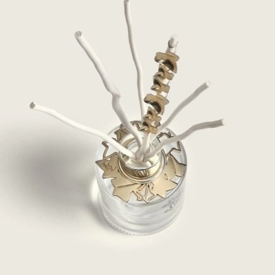 Difusor de fragrância em vidro com tampo dourado e paus de madeira.