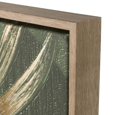 quadro com moldura de madeira clara e pintura abstrata em tons de verde e dourado