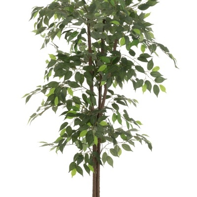 Planta artificial verde num vaso preto cilíndrico