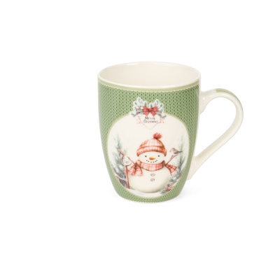 Caneca verde com desenho de boneco de neve e texto Merry Christmas