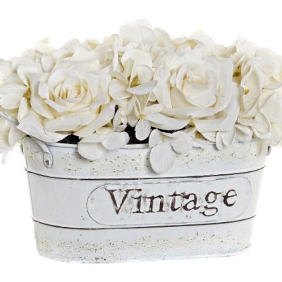 vaso metálico branco envelhecido com flores artificiais brancas