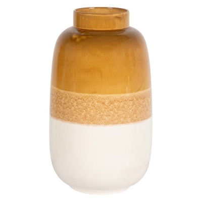 Vaso cilíndrico de cerâmica castanho, bege e branco.