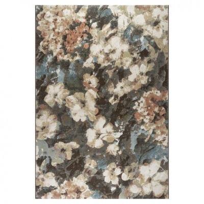 Tapete floral multicolorido com tons castanho, azul, bege e branco.