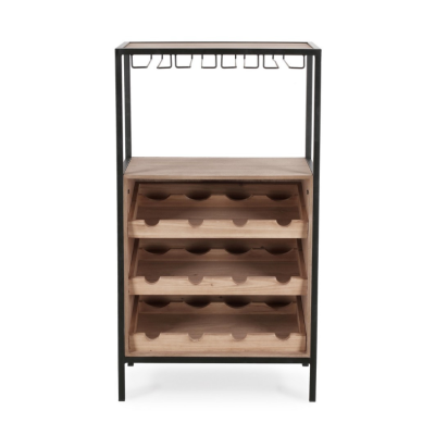 Móvel para garrafas de vinho com estrutura metálica preta e prateleiras de madeira clara