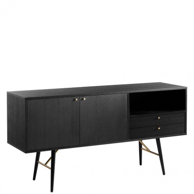 Aparador de madeira preta com portas, gavetas e pernas pretas com detalhes dourados