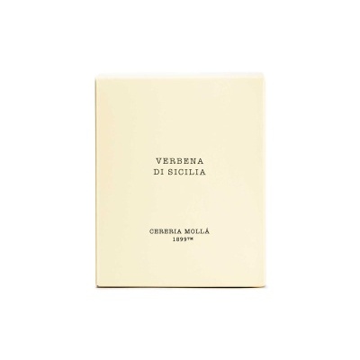 Caixa bege com texto preto VERBENA DI SICILIA e CERRERIA MOLLÁ 1897ª
