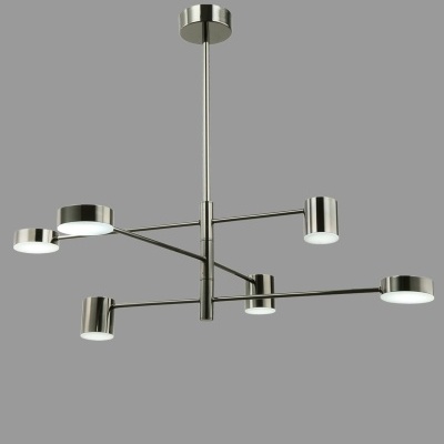 Candeeiro suspenso moderno em metal prateado com 5 braços e difusores circulares brancos