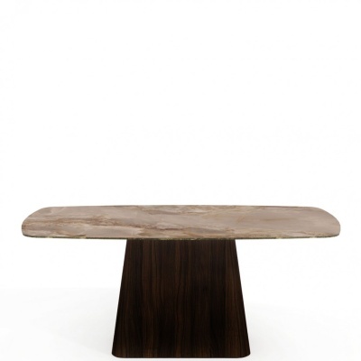 Mesa de jantar com tampo em pedra marfim e base de madeira escura trapezoidal