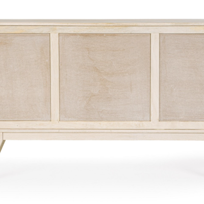 Aparador em madeira clara de três portas com design simples e pernas inclinadas