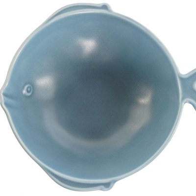 Prato azul em forma de peixe visto de cima