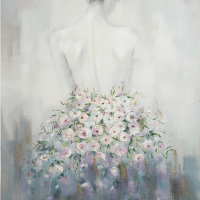 Pintura de figura humana com flores e detalhes dourados