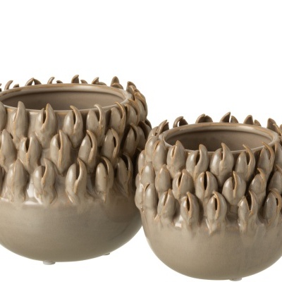 Dois vasos cerâmicos bege com textura em relevo e fundo branco