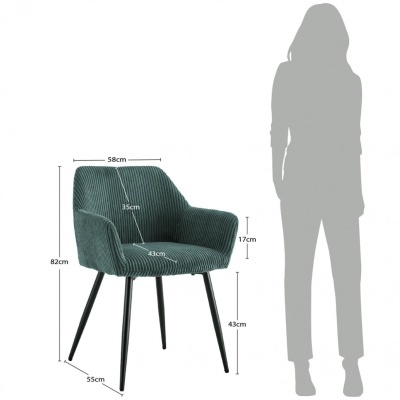 Cadeira verde escuro com pernas pretas e medidas visíveis