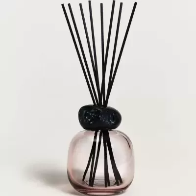 Vaso de vidro rosa translúcido com varetas pretas para aromatizador