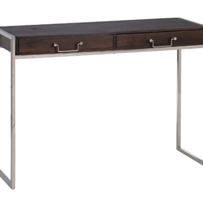 Secretária madeira escura com estrutura metálica prateada e duas gavetas