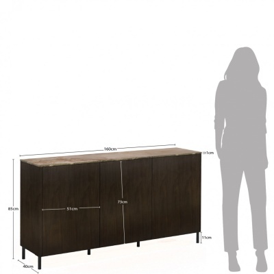 Aparador de madeira escura com pés pretos e dimensões visíveis