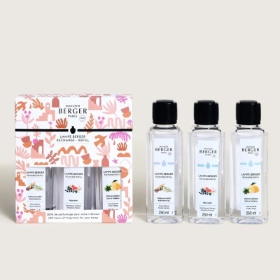 Conjunto de três recargas para lâmpada perfumada Maison Berger Paris com embalagem decorativa e frascos transparentes