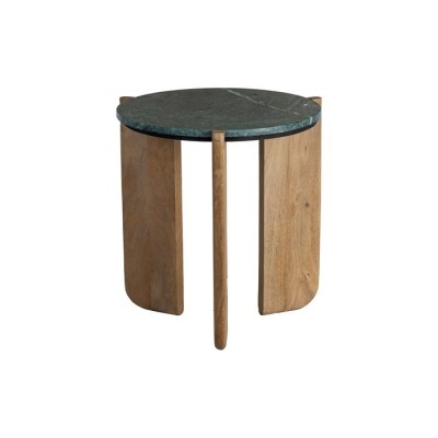 Mesa de apoio redonda com tampo de pedra verde e estrutura de madeira clara