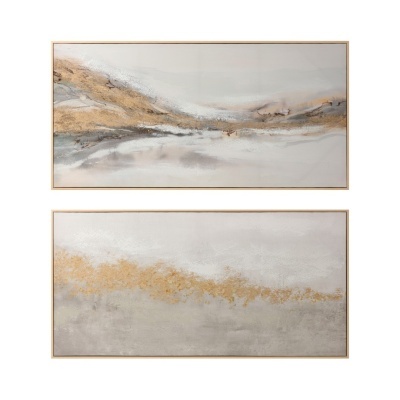 Duas pinturas abstratas em moldura de madeira clara com cores cinza, branco e dourado.