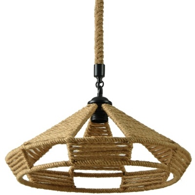 Candeeiro de teto de corda natural trançada com estrutura circular e suporte em metal preto
