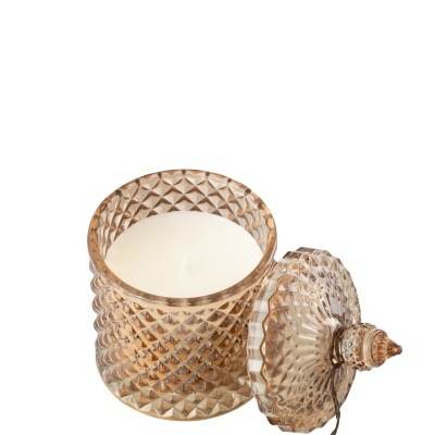 Frasco de vidro castanho texturizado com vela perfumada e tampa com tassel castanho.