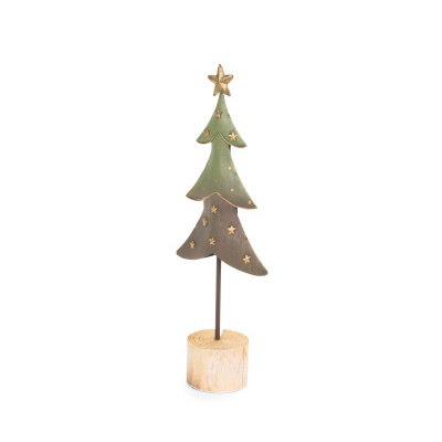 Árvore de Natal decorativa verde e dourada em suporte de madeira