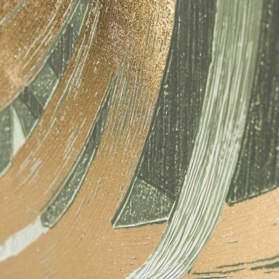 Padrão abstrato com pinceladas verdes, douradas e brancas.