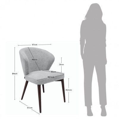 Cadeira estofada cinzenta com pernas de madeira e medidas em cm