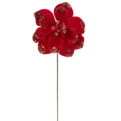 Flor decorativa vermelha com detalhes dourados em tecido sobre haste castanha