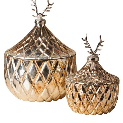 Caixas decorativas douradas com tampa e ornamento de rena