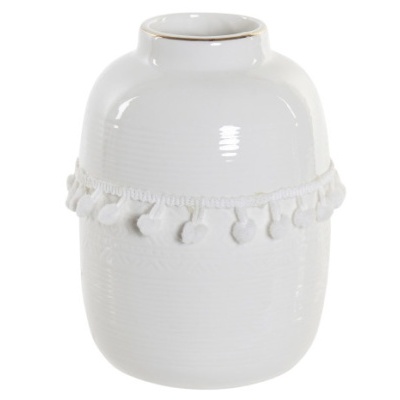 Vaso cerâmico branco com pompons e detalhe dourado