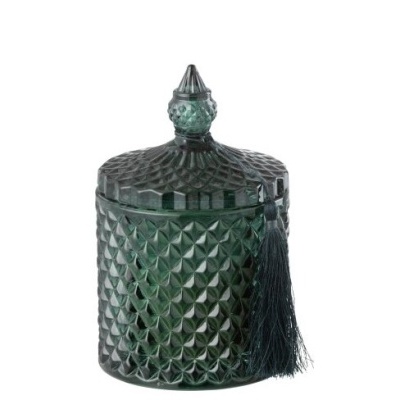 Pote de vidro verde escuro com padrão geométrico e tampa com pendente preto.