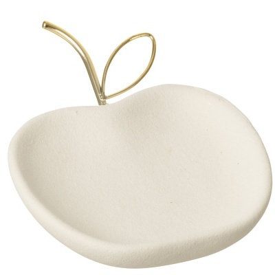 Prato decorativo em forma de maçã branco com talo e folha dourados