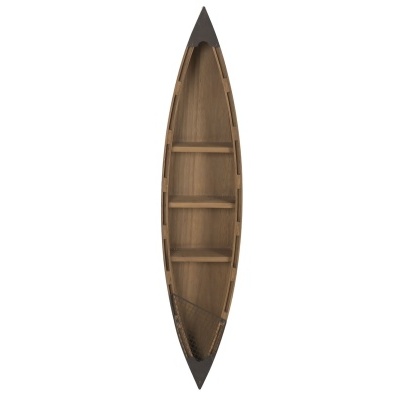 Prateleira de parede em forma de canoa de madeira com detalhes metálicos